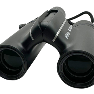Black Nikon Aculon T01 Binoculars viewed from the front, showing both lenses and compact design.
