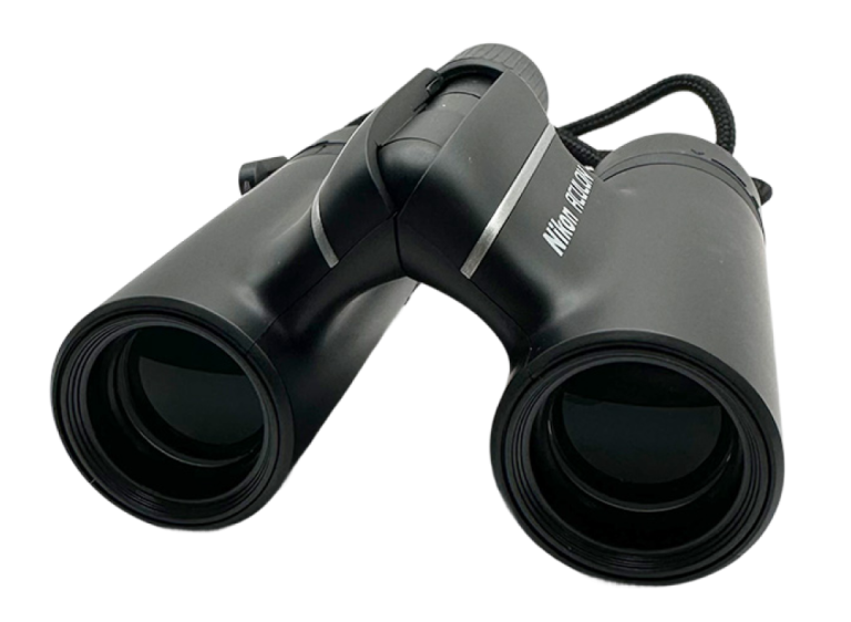 Black Nikon Aculon T01 Binoculars viewed from the front, showing both lenses and compact design.