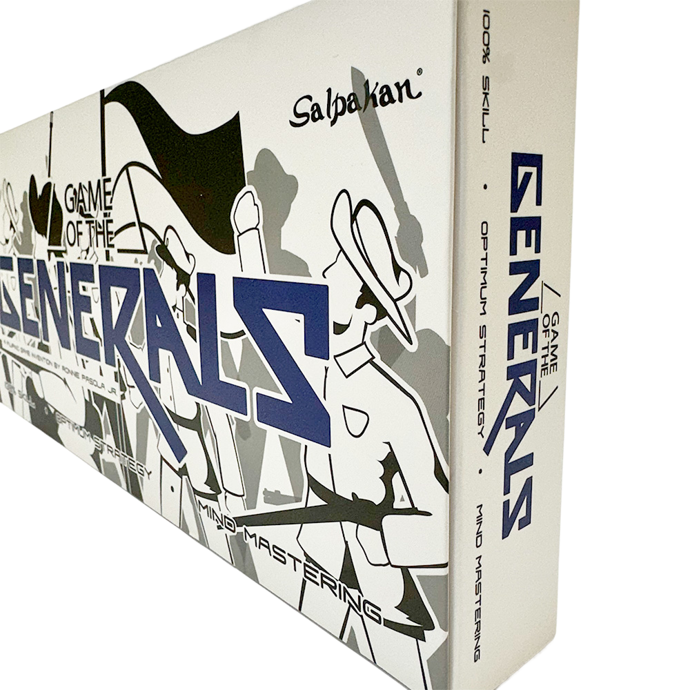 Game of the Generals board game box featuring illustrated generals in grayscale and bold blue title.