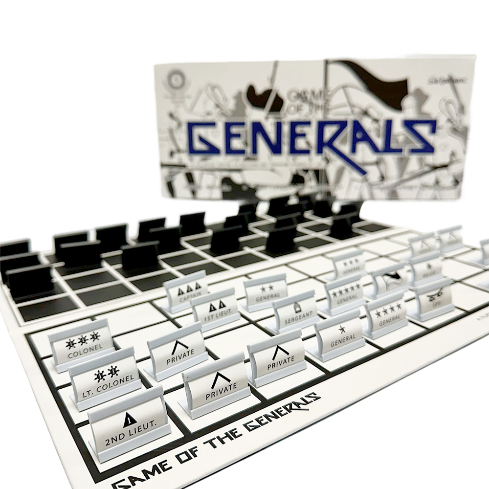 Game of the Generals board game set with pieces arranged and box featuring illustrated design in the background.