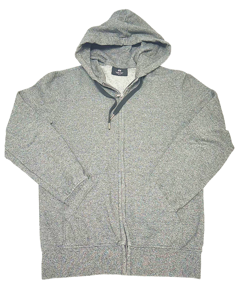 Gray H&M zip-through hoodie with front pockets and hood, displayed flat against a white background.