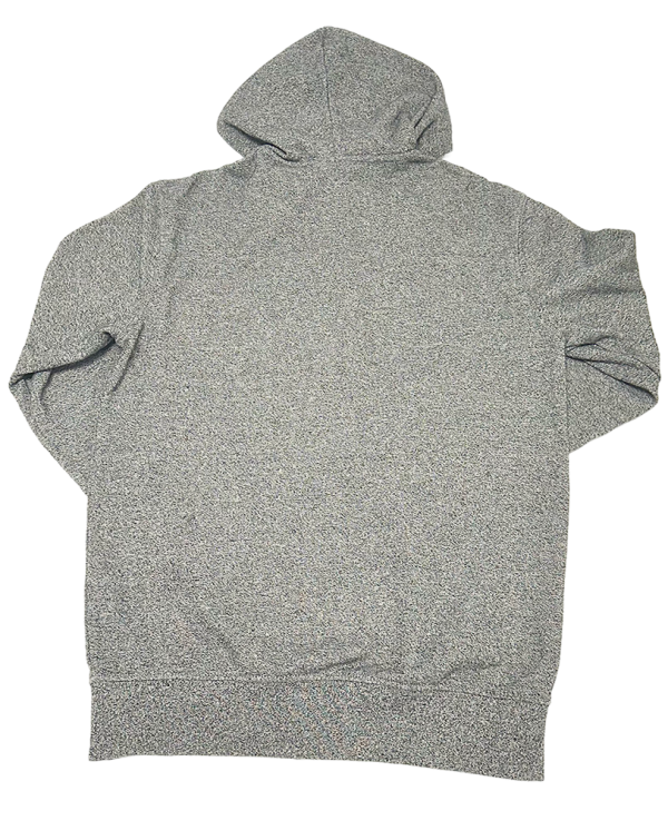 Back view of a grey H&M zip-through hoodie laid flat, showing hood and long sleeves.