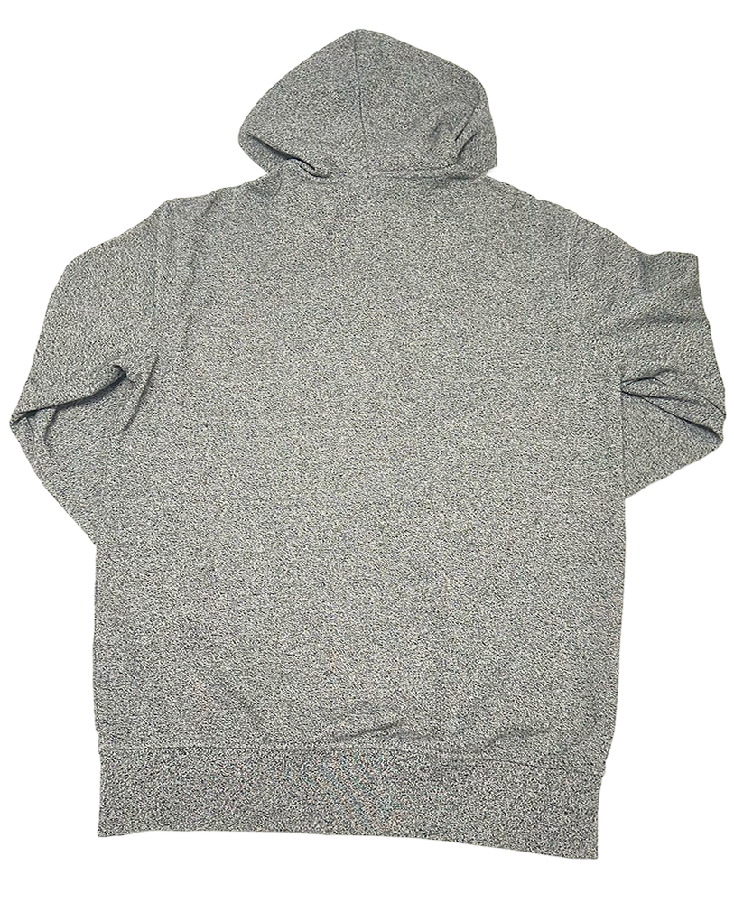Back view of a grey H&M zip-through hoodie laid flat, showing hood and long sleeves.