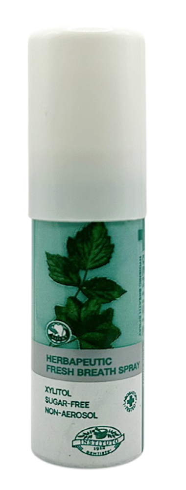 Dentiste Plus Herbapeutic Fresh Breath Spray bottle with mint leaves on the label, sugar-free and non-aerosol.