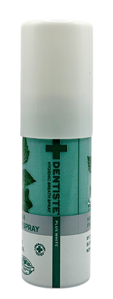 Dentiste Plus Breath Spray bottle with mint leaf design on a green and white label.