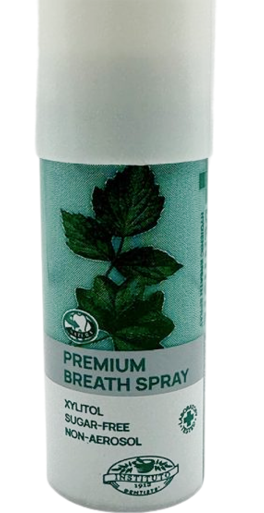 Dentiste Plus Premium Breath Spray bottle with mint leaf design, labeled xylitol, sugar-free, non-aerosol.