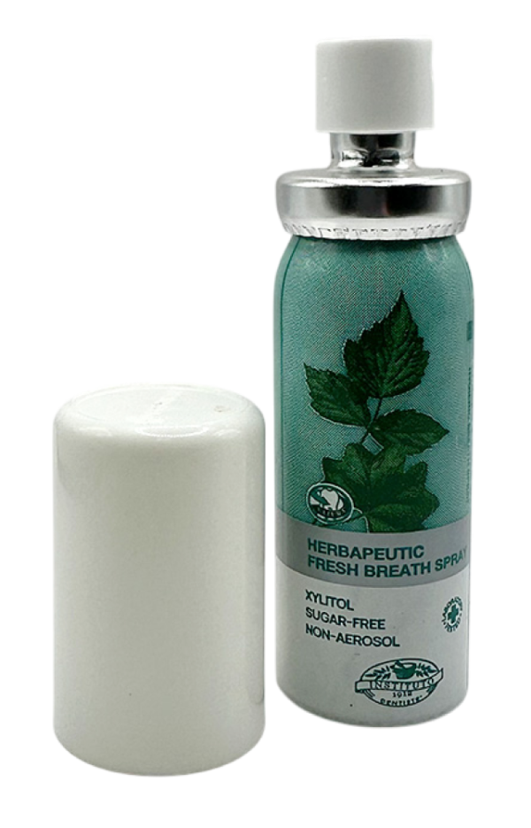 Travel pouch essential: compact herbal fresh breath spray with xylitol, ideal for on-the-go freshness.