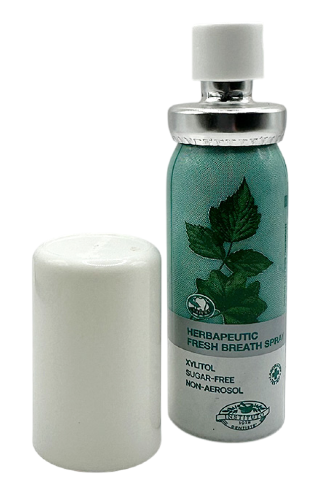 Herbapeutic Fresh Breath Spray, travel size, with cap removed; xylitol, sugar-free, non-aerosol formula.