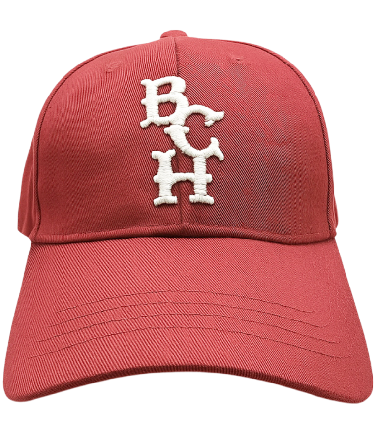 Red Bench Baseball Cap with white "BCH" embroidered on the front.