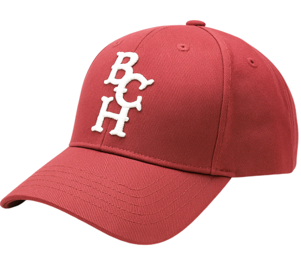 Red Bench Baseball Cap with white "BCH" embroidered letters on the front panel, displayed at an angle.