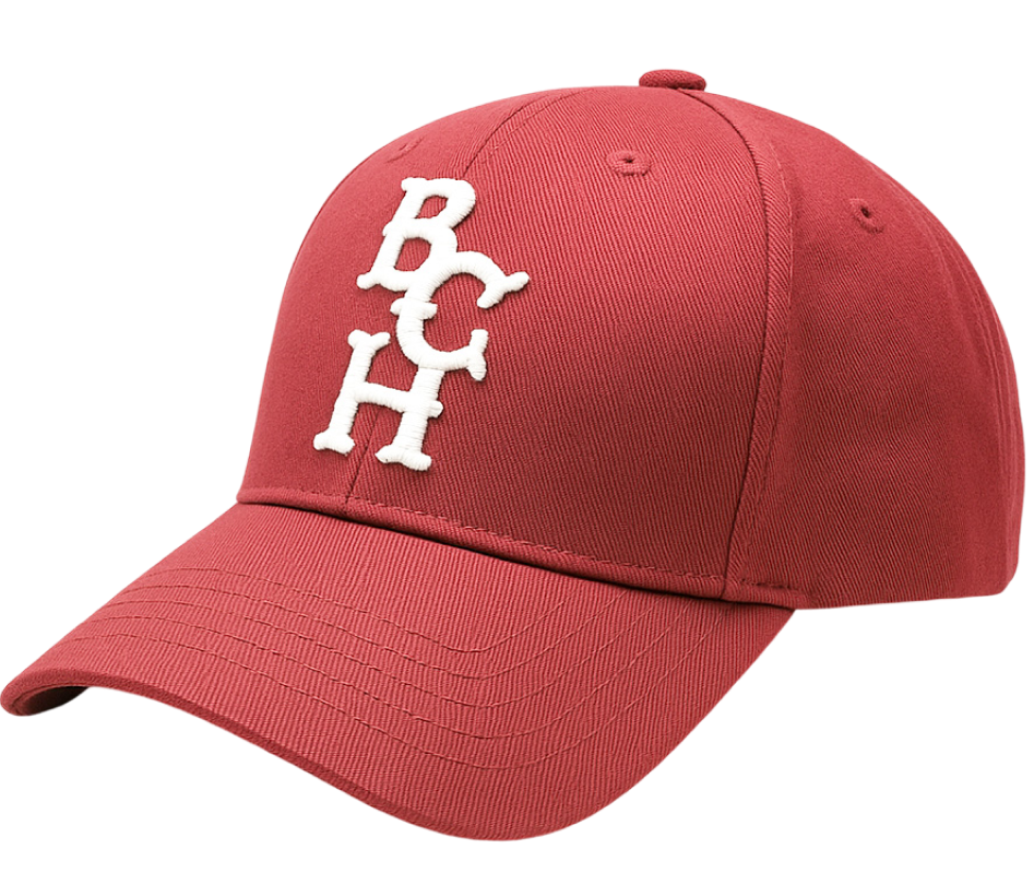 Red Bench Baseball Cap with white "BCH" embroidered letters on the front panel, displayed at an angle.