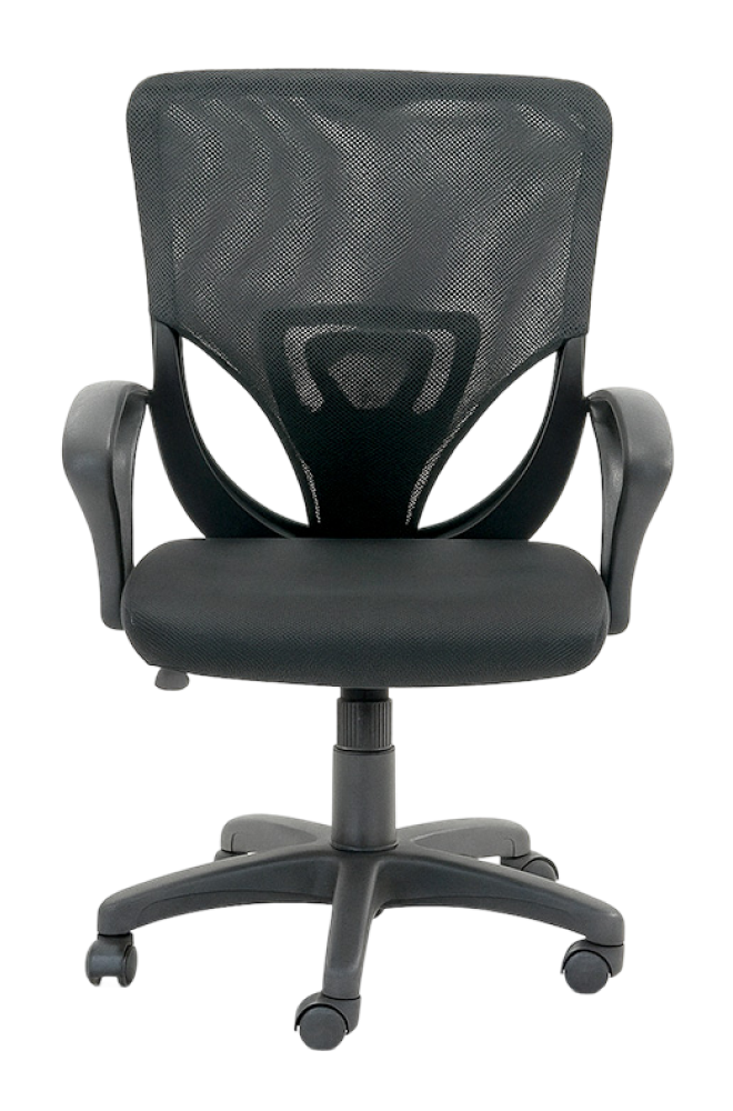Black ergonomic mesh office chair with adjustable armrests and a five-wheel base, shown from the front.