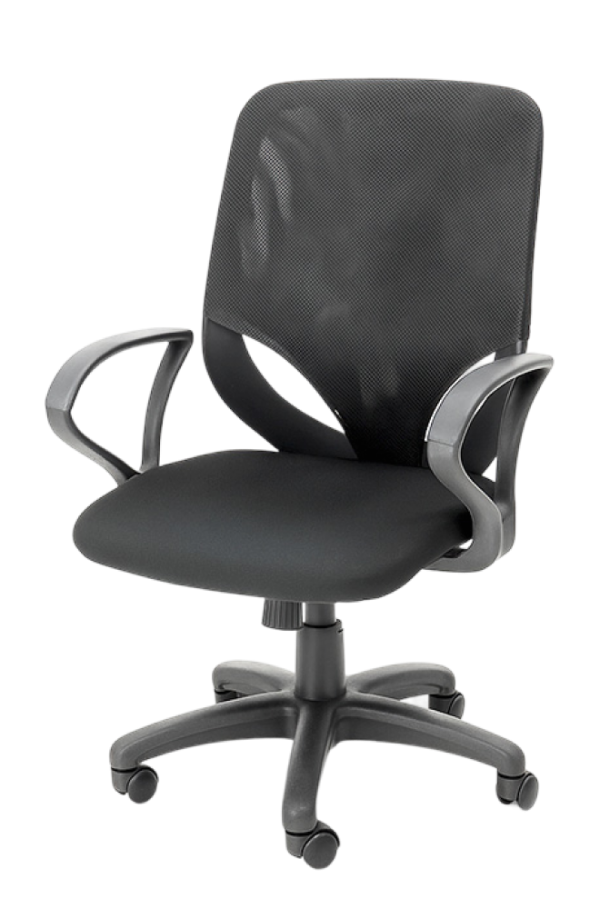 Black ergonomic mesh office chair with armrests, adjustable height, and rolling casters.