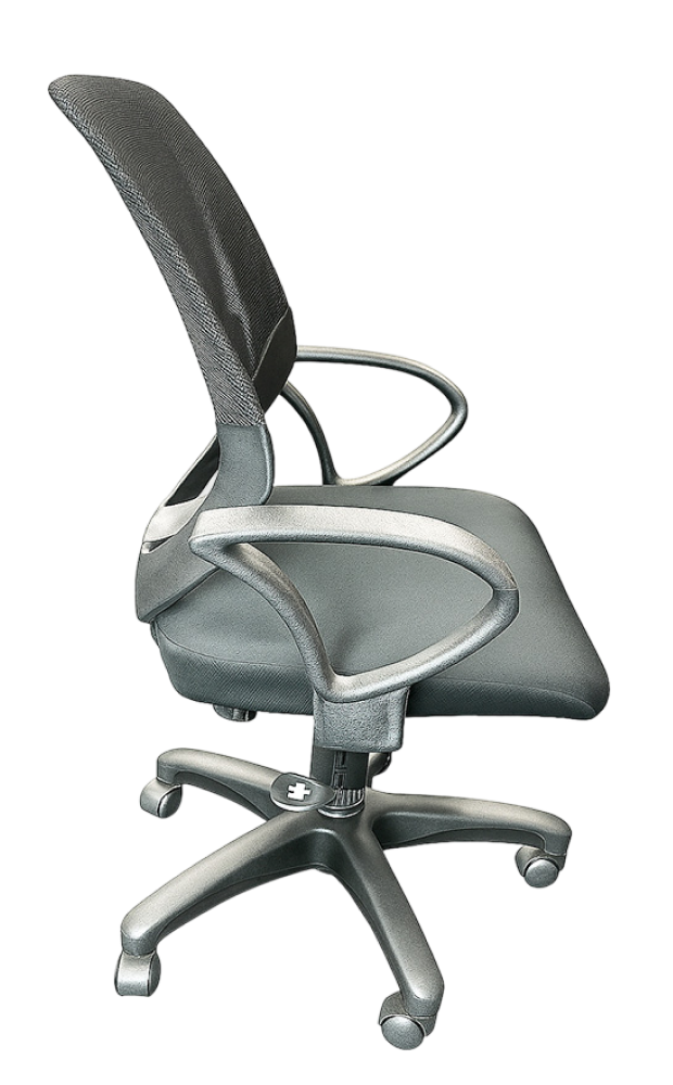 Side view of an ergonomic mesh office chair with armrests and five-wheel base.
