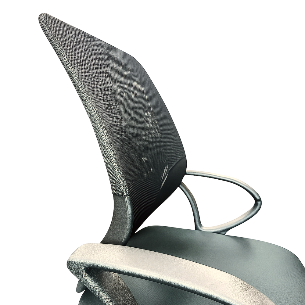 Side view of ergonomic mesh office chair with curved backrest and metal armrests.