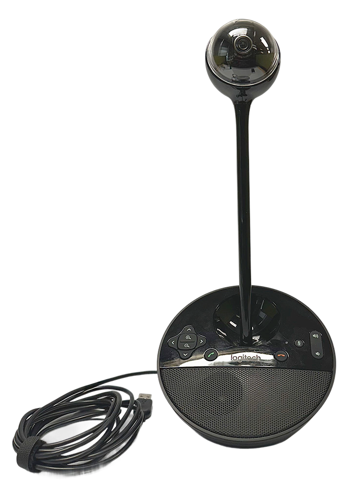 Logitech BCC950 Conference Camera with attached base and connected USB cable displayed on a product page.