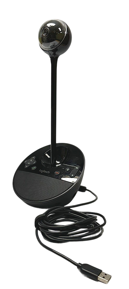 Logitech BCC950 Conference Camera with built-in speakerphone and attached USB cable.