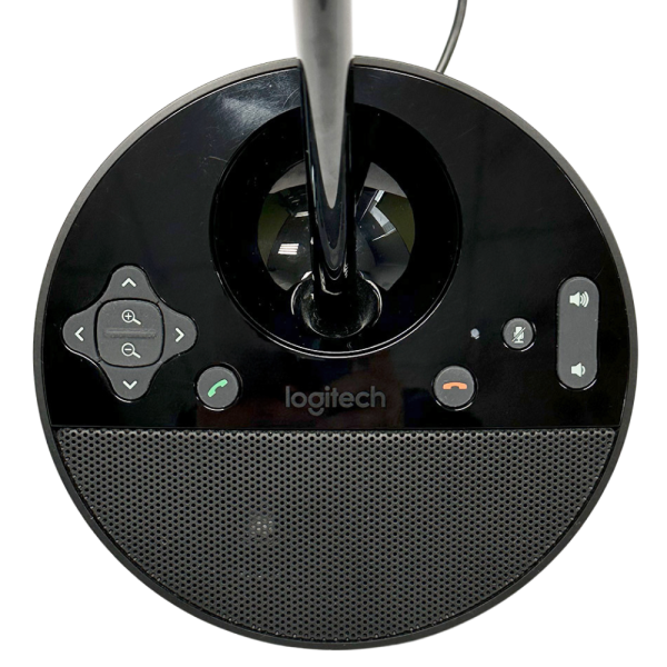 Top view of Logitech BCC950 Conference Camera base with control buttons and built-in speaker.