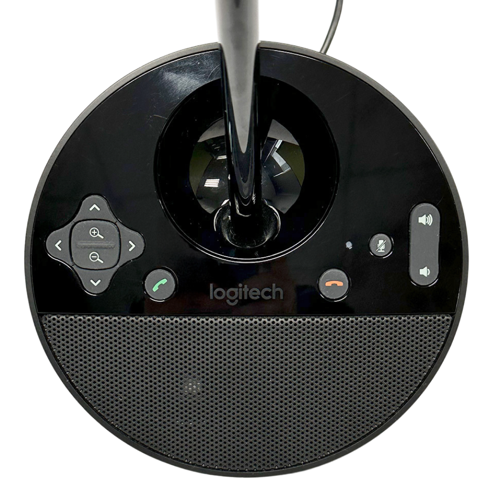 Top view of Logitech BCC950 Conference Camera base with control buttons and built-in speaker.