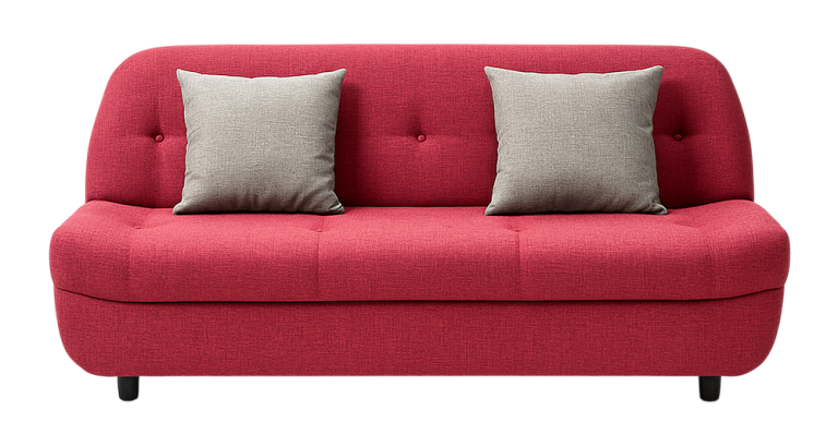 Red modern sofa with curved backrest and two gray throw pillows, shown on a white background.