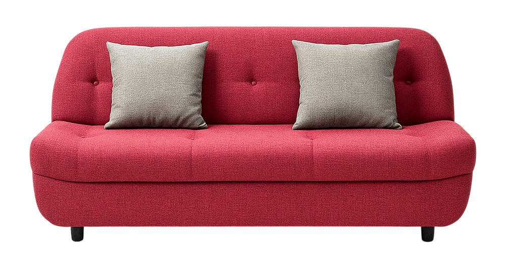Red modern sofa with curved backrest and two gray throw pillows, shown on a white background.