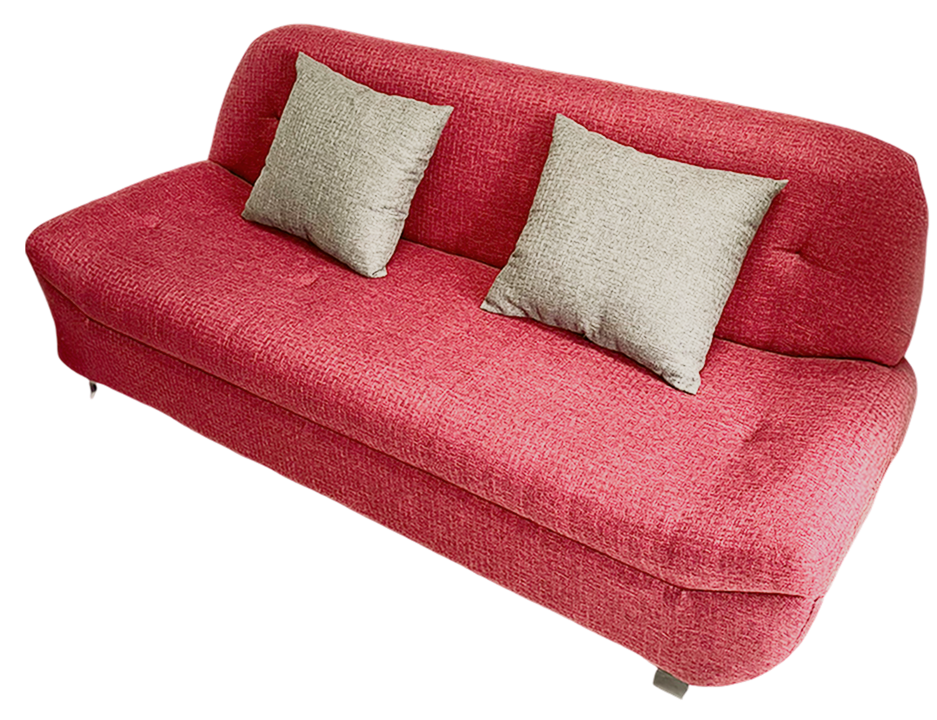 Red modern sofa with two gray throw pillows, displayed on a product page.