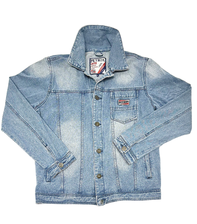 Light blue Petrol Denim Jacket with button front, chest pocket, and collar displayed flat.