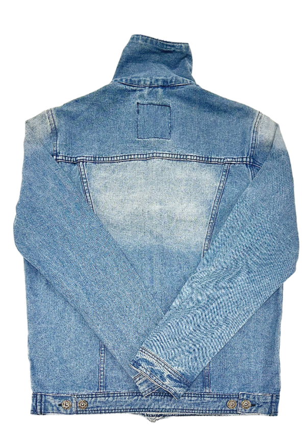 Back view of Petrol Denim Jacket showing light blue washed denim and button details at the waistband.
