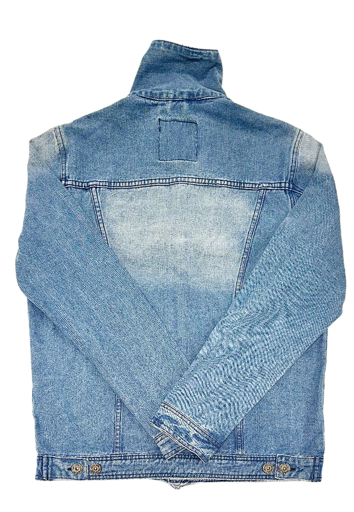 Back view of Petrol Denim Jacket showing light blue washed denim and button details at the waistband.