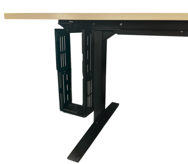 Side view of the OFX Ergonomic Table showing sturdy black frame and built-in vertical cable management.