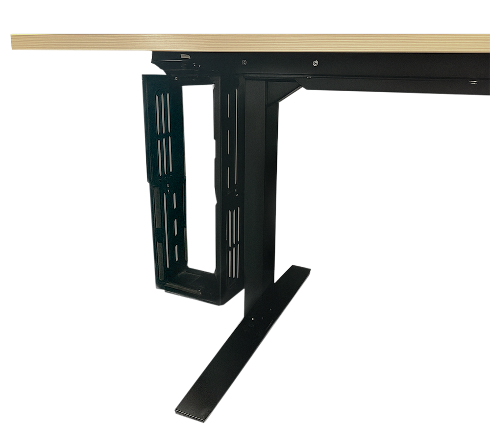 Side view of the OFX Ergonomic Table showing sturdy black frame and built-in vertical cable management.