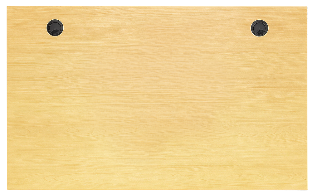 Top view of the OFX Ergonomic Table showing a light wood finish and two built-in cable grommets.