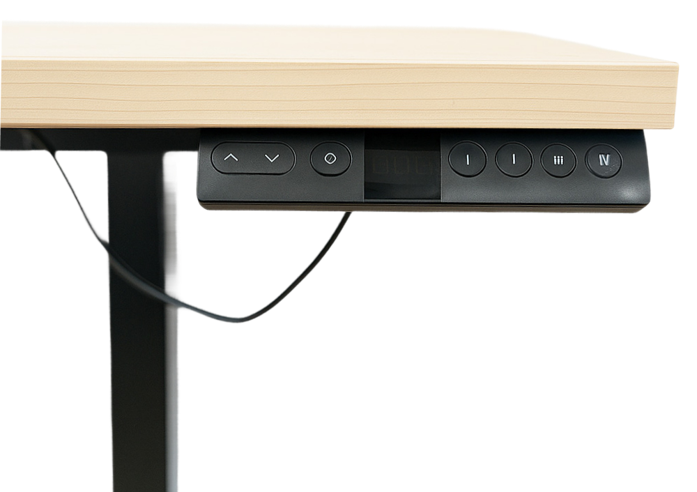 Close-up of OFX Ergonomic Table control panel with height adjustment and memory setting buttons under tabletop.