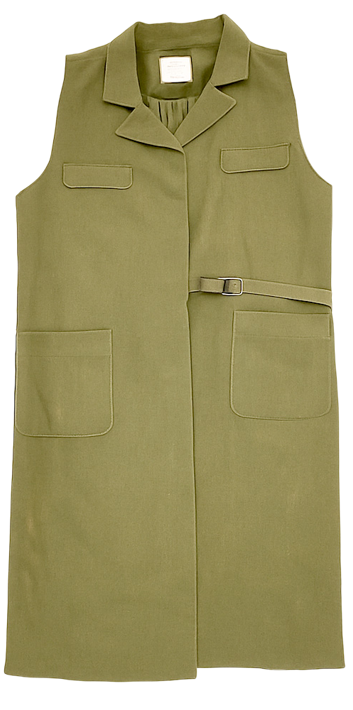 Sleeveless olive green Kashieca dress with front pockets, lapel collar, and side belt detail.