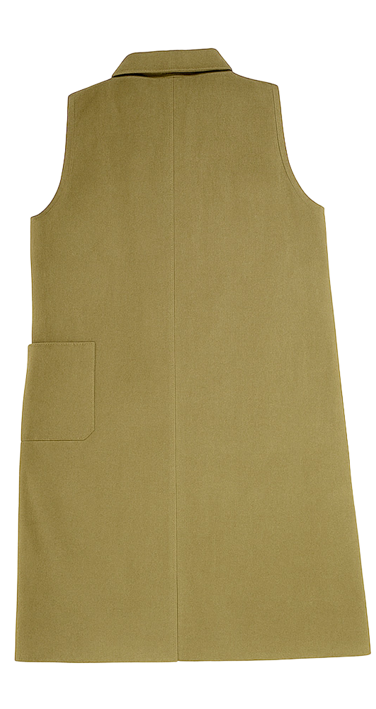 Back view of Kashieca Olive Green Dress featuring a sleeveless design and a single side pocket.