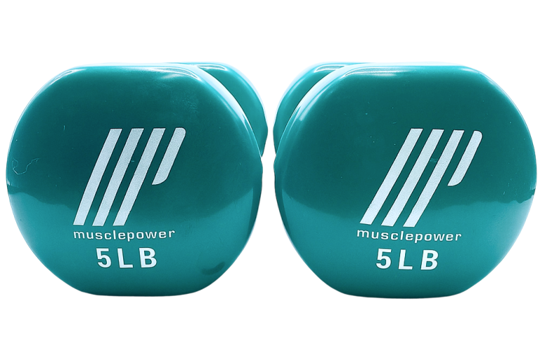 Pair of Muscle Power 5 LB exercise dumbbells with teal coating, ideal for strength training workouts.