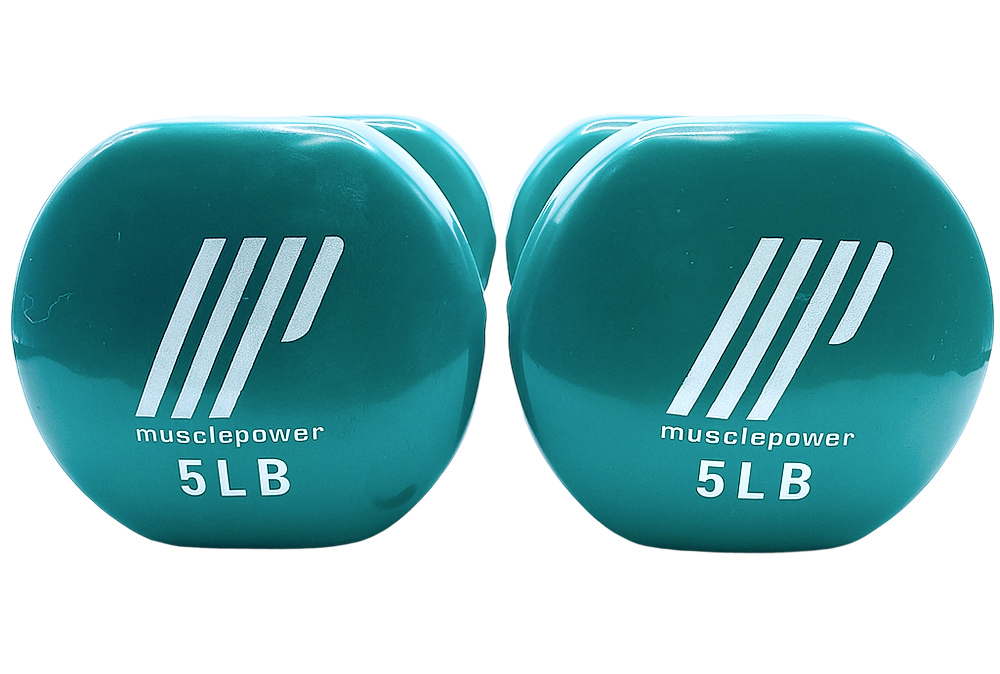 Pair of Muscle Power 5 LB exercise dumbbells with teal coating, ideal for strength training workouts.