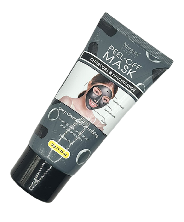 Megan Charcoal Peel-Off Mask tube, featuring model with mask applied, product for deep cleansing and purifying skin.