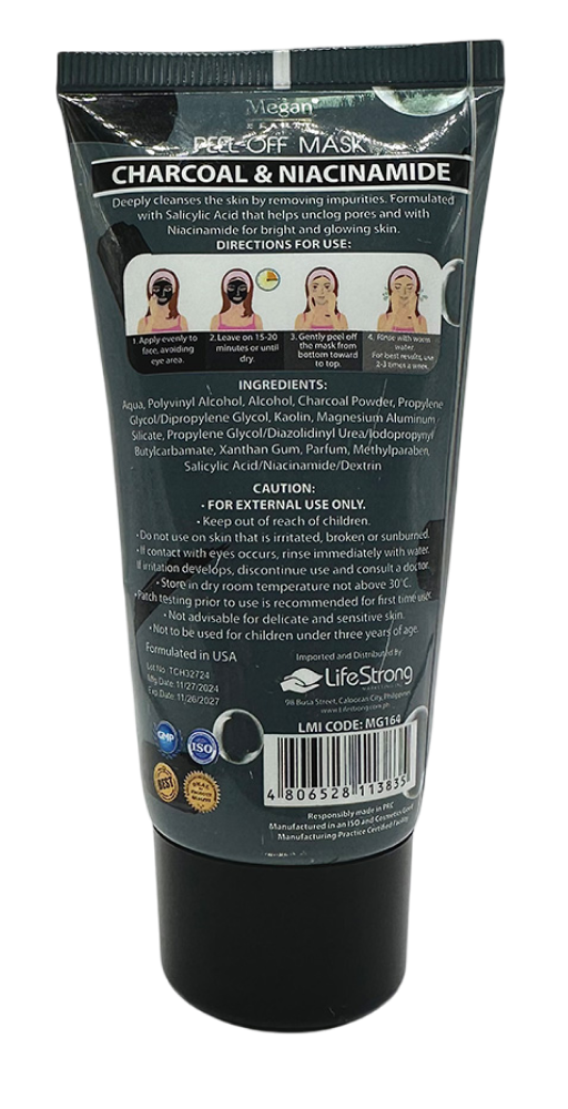 Back of Megan Charcoal Peel-Off Mask tube showing ingredients, directions, and example application images.