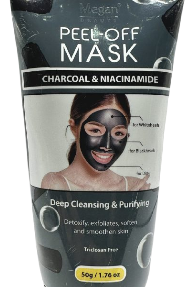 Megan Charcoal Peel-Off Mask tube, highlighting deep cleansing and purifying benefits for smoother skin.