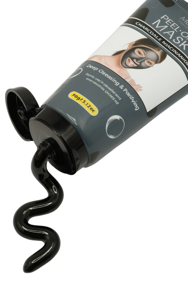 Tube of Megan Charcoal Peel-Off Mask with black mask gel coming out, showing label and product texture.
