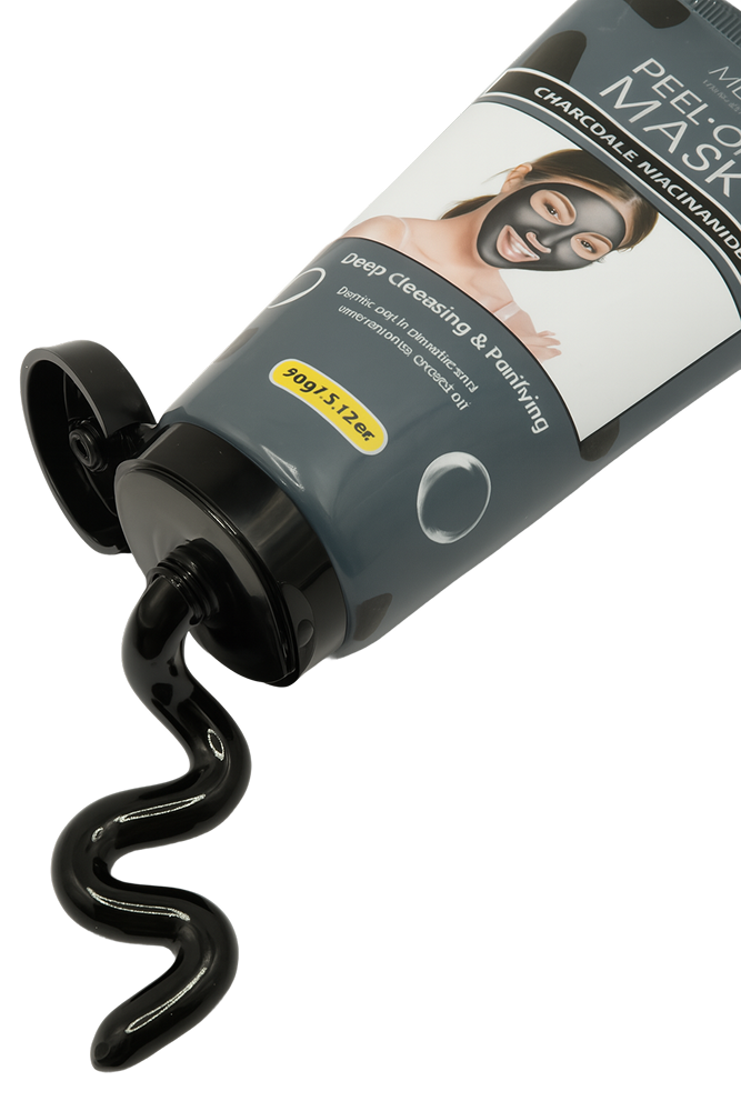 Tube of Megan Charcoal Peel-Off Mask with black mask gel coming out, showing label and product texture.