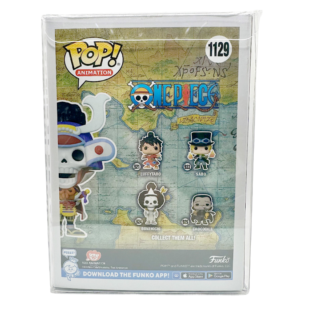 Back of Funko Pop! One Piece – Samurai Brook box showing character figures and map-themed design.