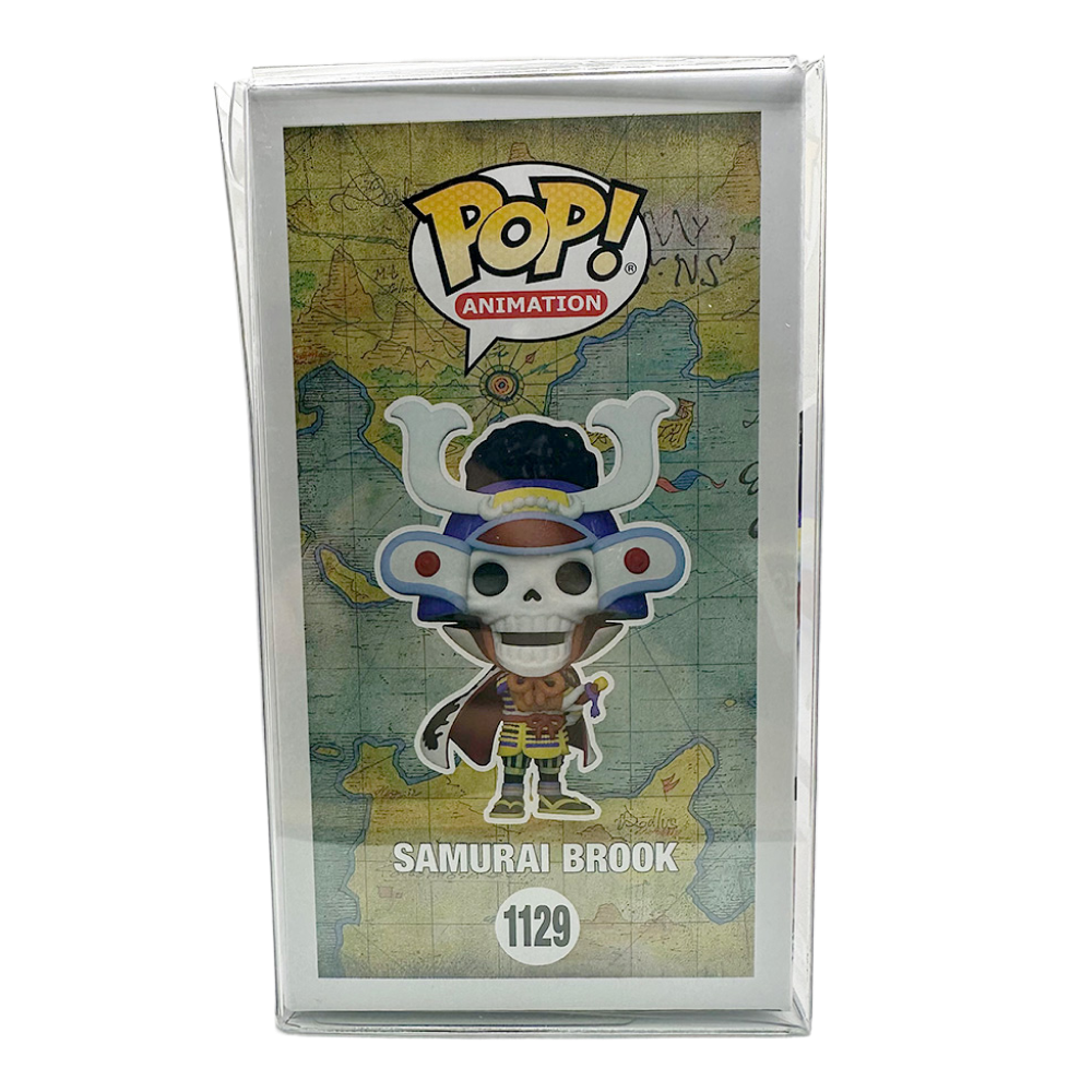 Funko Pop! One Piece Samurai Brook figure in box, character #1129 displayed against a map background.