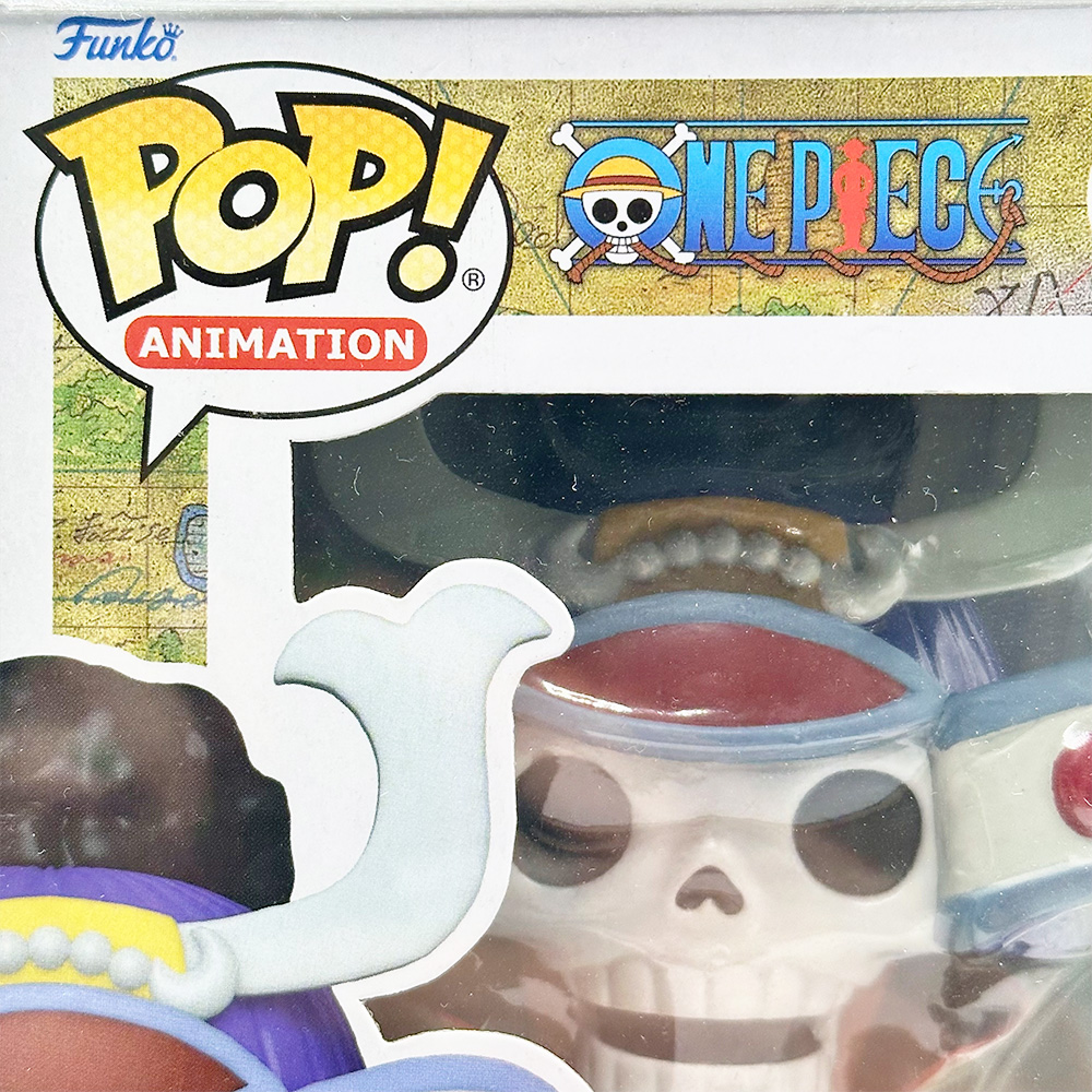 Funko Pop! One Piece Samurai Brook figure in box, showing character details and product branding.