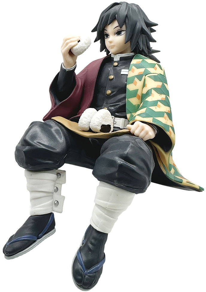SEGA Demon Slayer Tomioka figurine sitting and holding rice balls, detailed outfit with patterned haori.