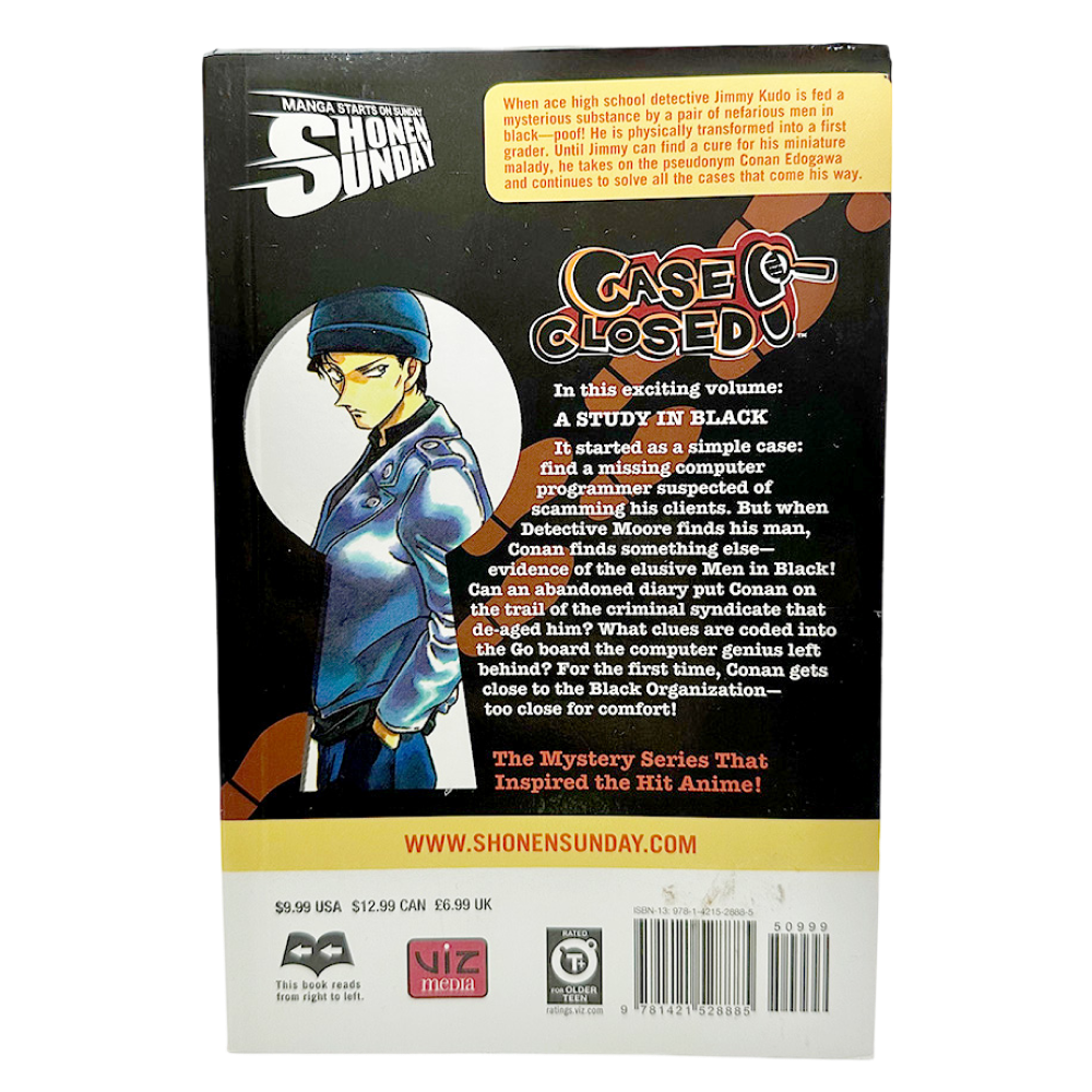 Back cover of Detective Conan Volume 37 featuring a character illustration and a summary of the story.