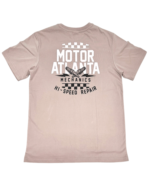 Light brown FunTee Motor Atlanta Shirt with "Motor Atlanta Mechanics Hi-Speed Repair" graphic on the back.
