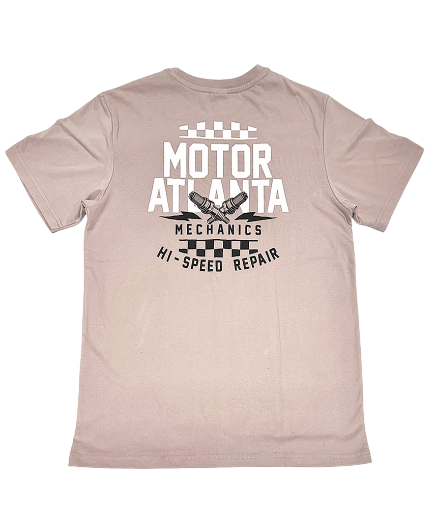 Light brown FunTee Motor Atlanta Shirt with "Motor Atlanta Mechanics Hi-Speed Repair" graphic on the back.