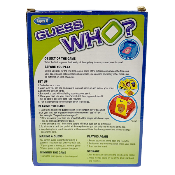 Back of the Guess Who? box showing game instructions, setup steps, and colorful game card illustrations.